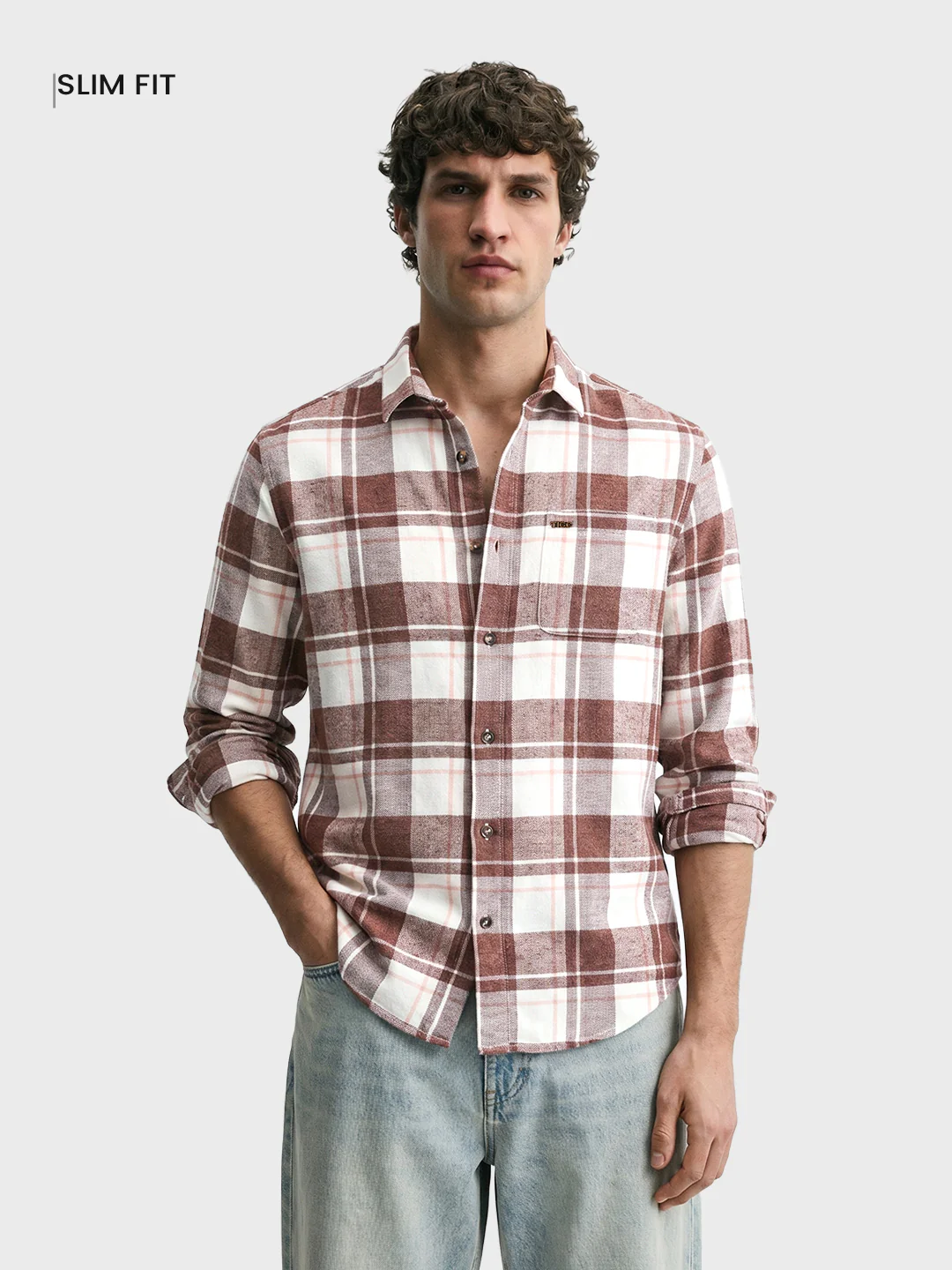 Men's Brown Slim Fit Checkered Casual Shirt - Image 2