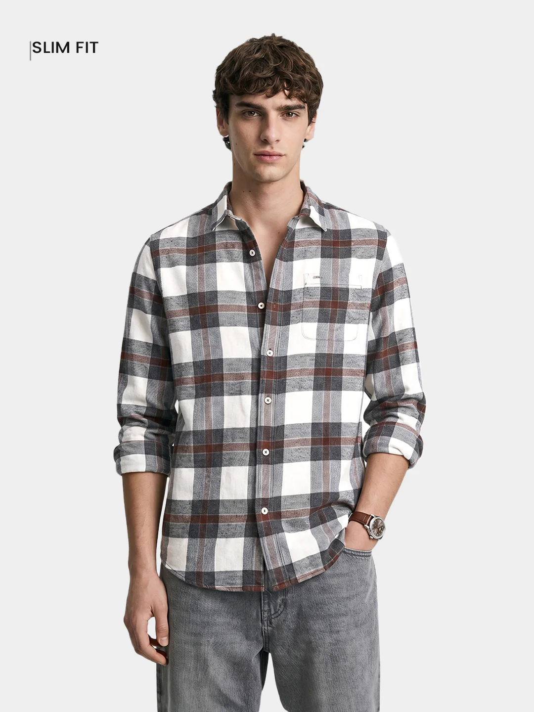 Men's Brown Slim Fit Checkered Casual Shirt - Image 2