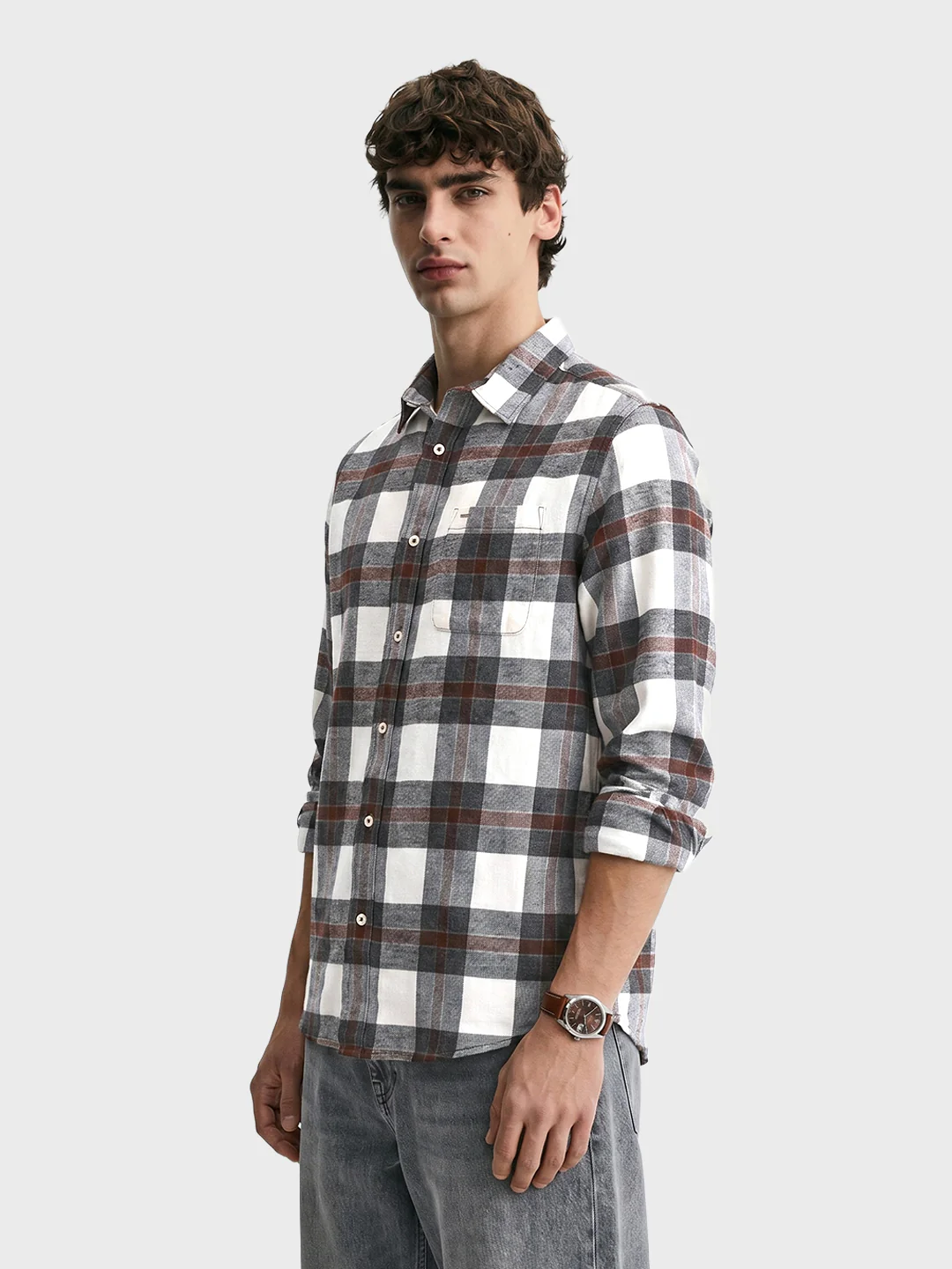 Men's Brown Slim Fit Checkered Casual Shirt - Image 4