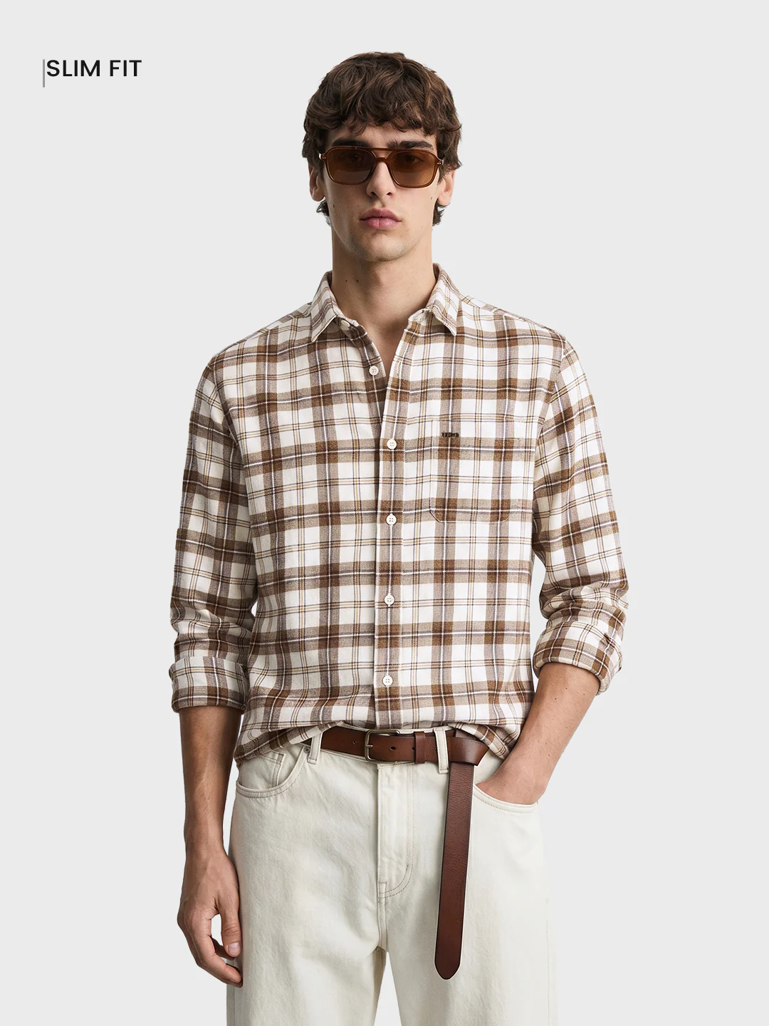 Men's Brown Slim Fit Checkered Casual Shirt - Image 2