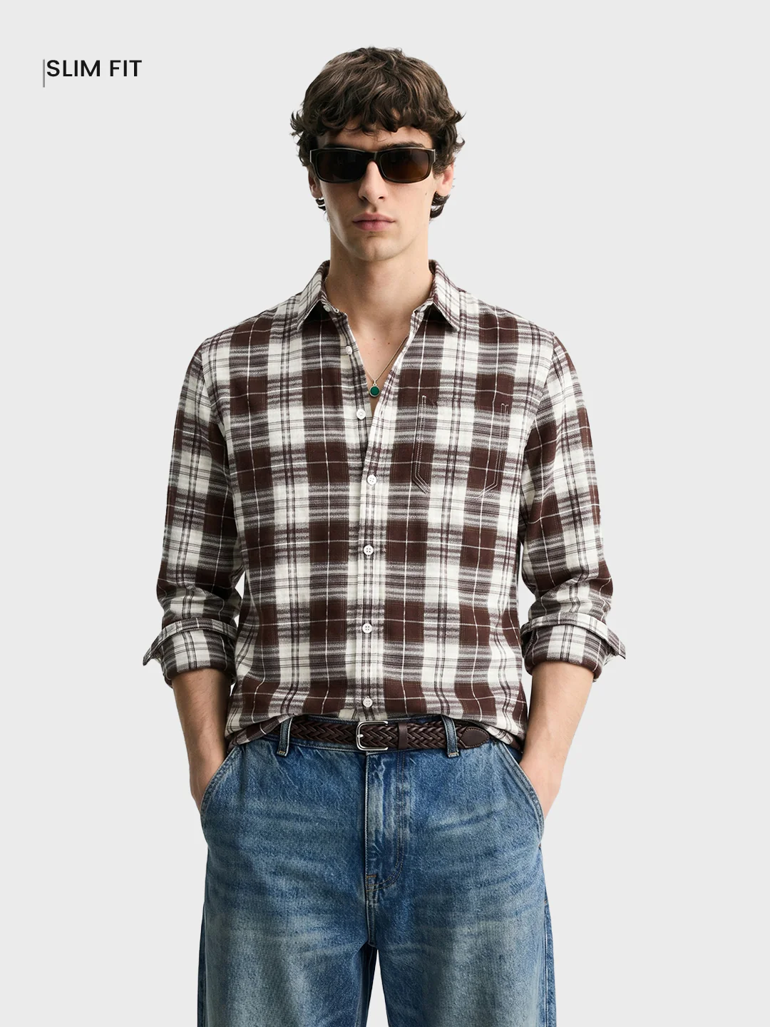Men's Brown Slim Fit Checkered Casual Shirt - Image 2