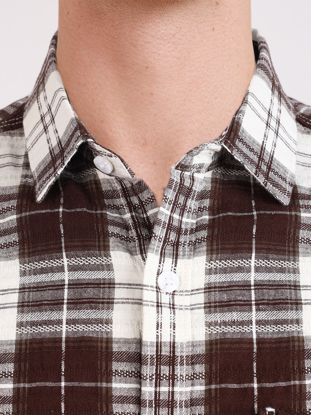 Men's Brown Slim Fit Checkered Casual Shirt - Image 3