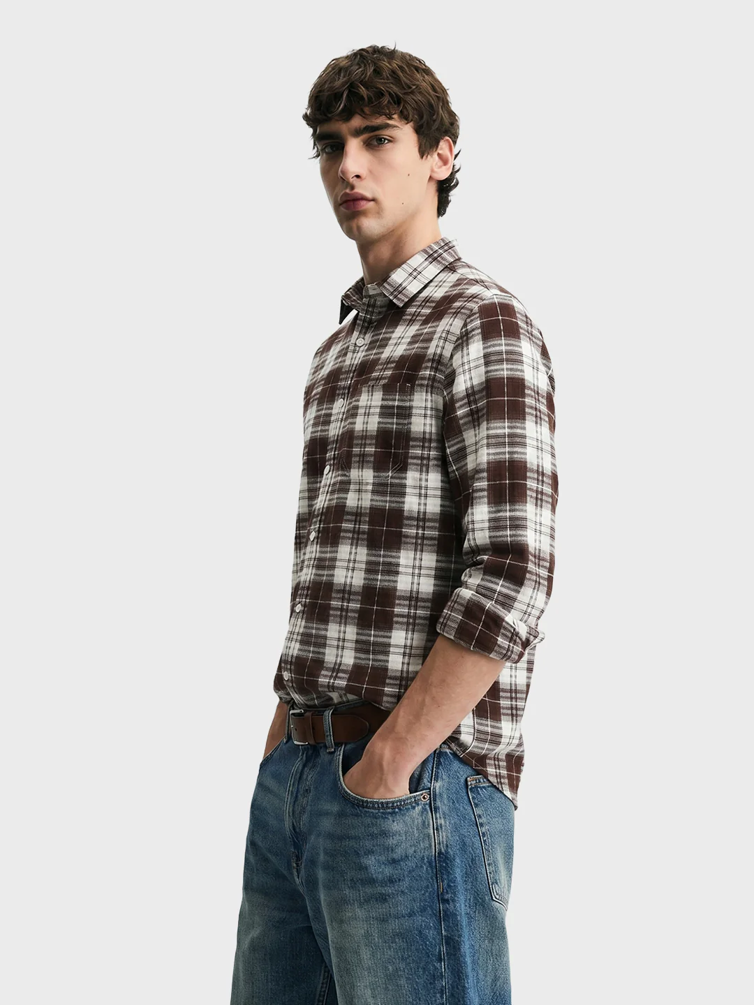 Men's Brown Slim Fit Checkered Casual Shirt - Image 4