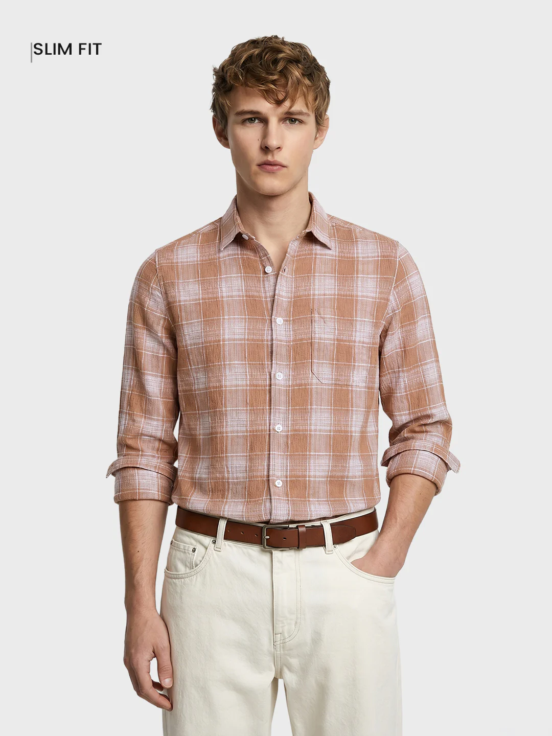Men's Brown Slim Fit Checkered Casual Shirt - Image 2