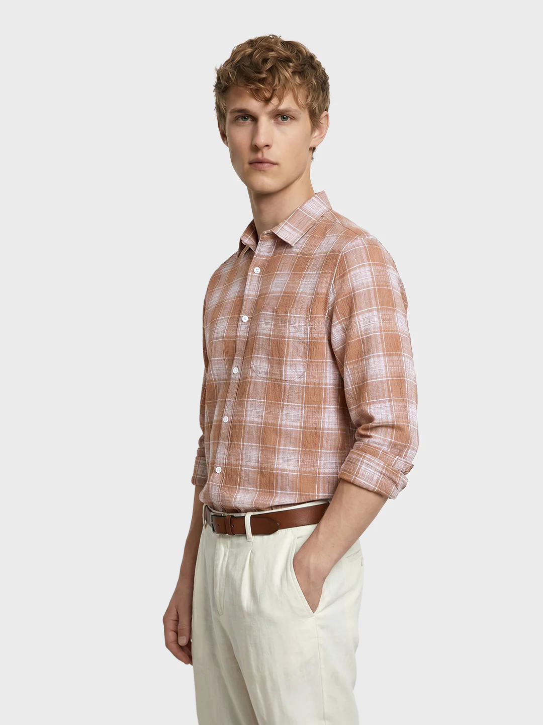 Men's Brown Slim Fit Checkered Casual Shirt - Image 4