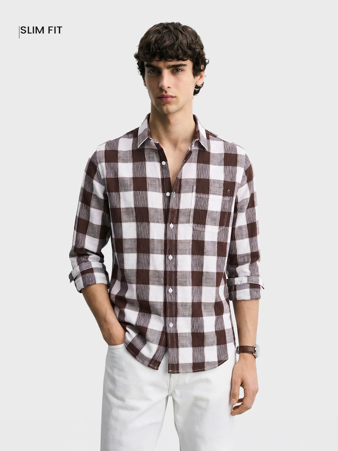 Men's Brown Slim Fit Checkered Casual Shirt - Image 2