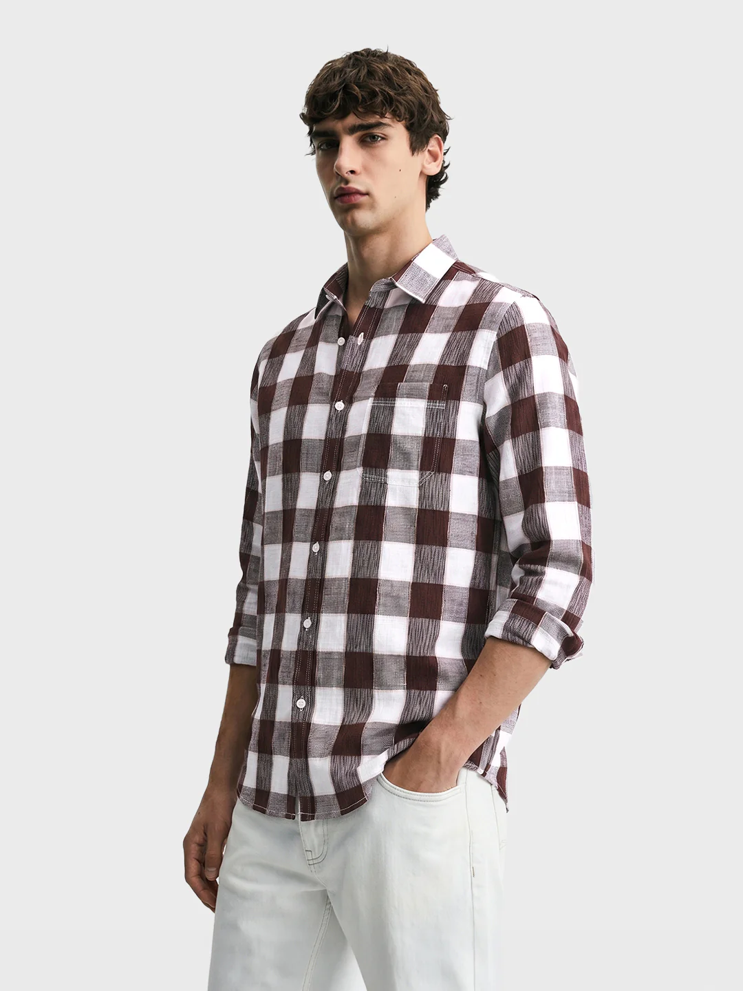 Men's Brown Slim Fit Checkered Casual Shirt - Image 4