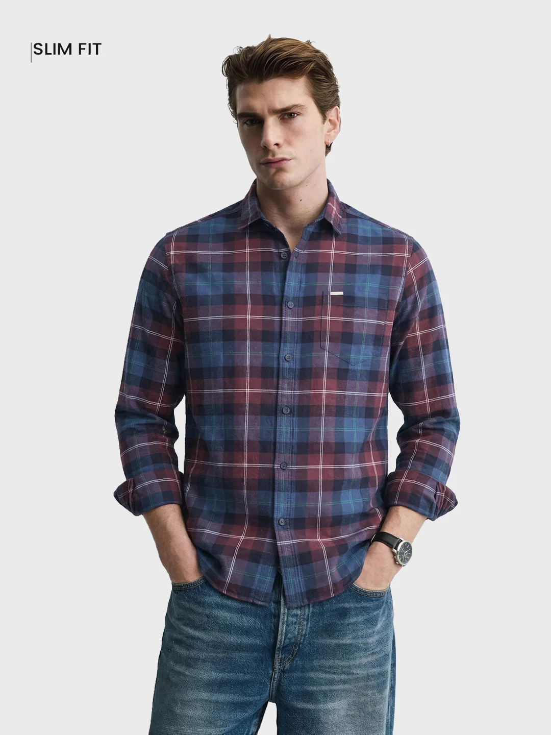 Men's Brown Slim Fit Checkered Casual Shirt - Image 2