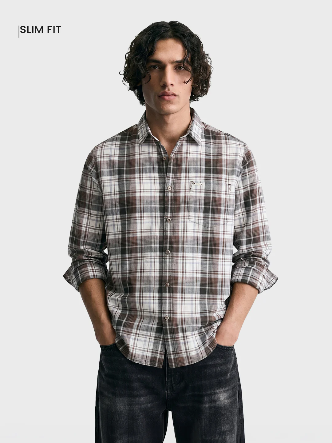Men's Brown Slim Fit Checkered Casual Shirt - Image 2