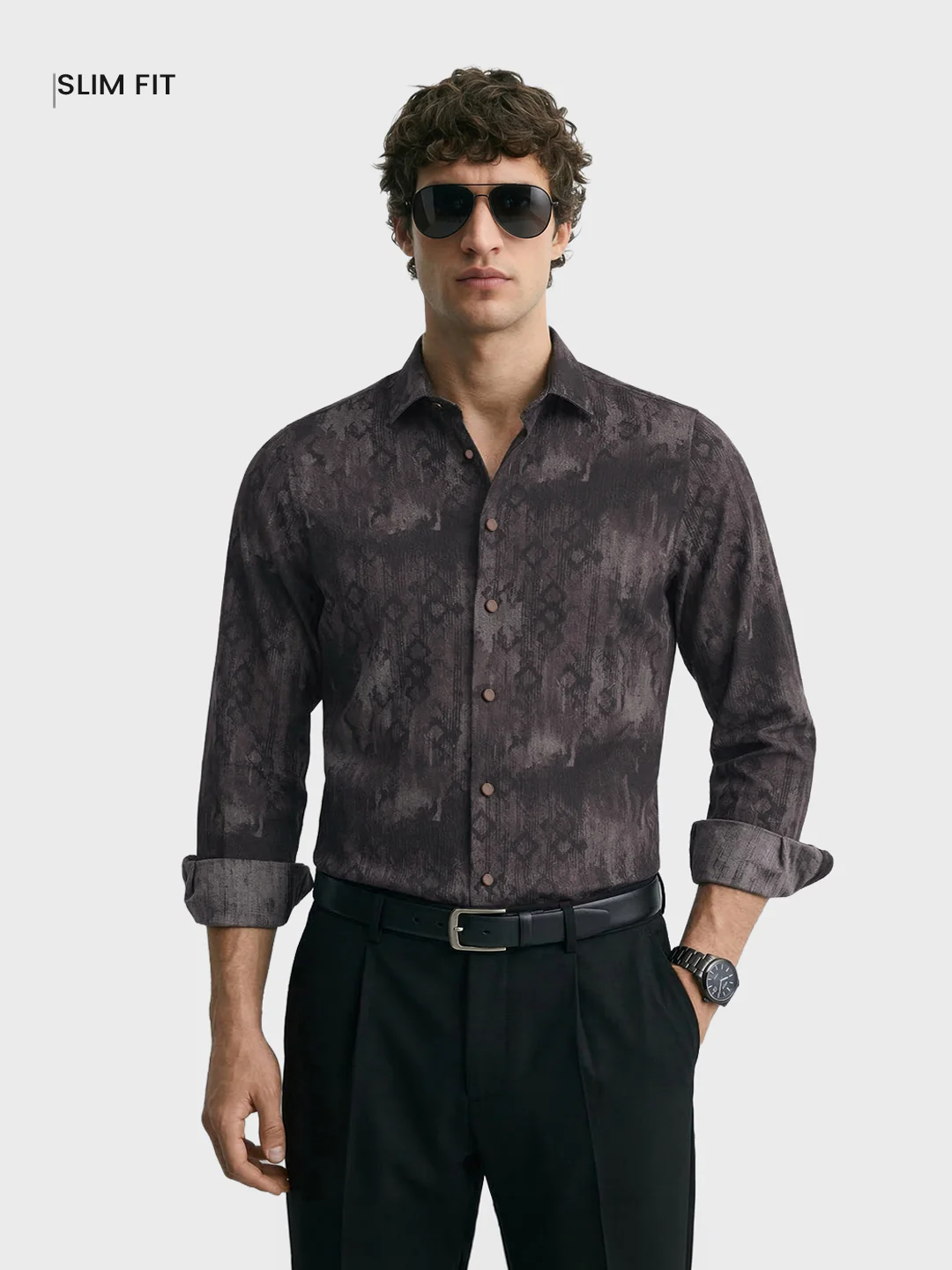 Men's Brown Slim Fit Printed Casual Shirt - Image 2