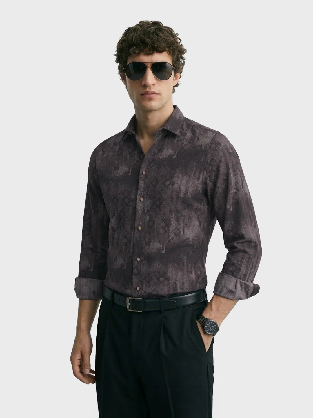 Men's Brown Slim Fit Printed Casual Shirt - Image 4