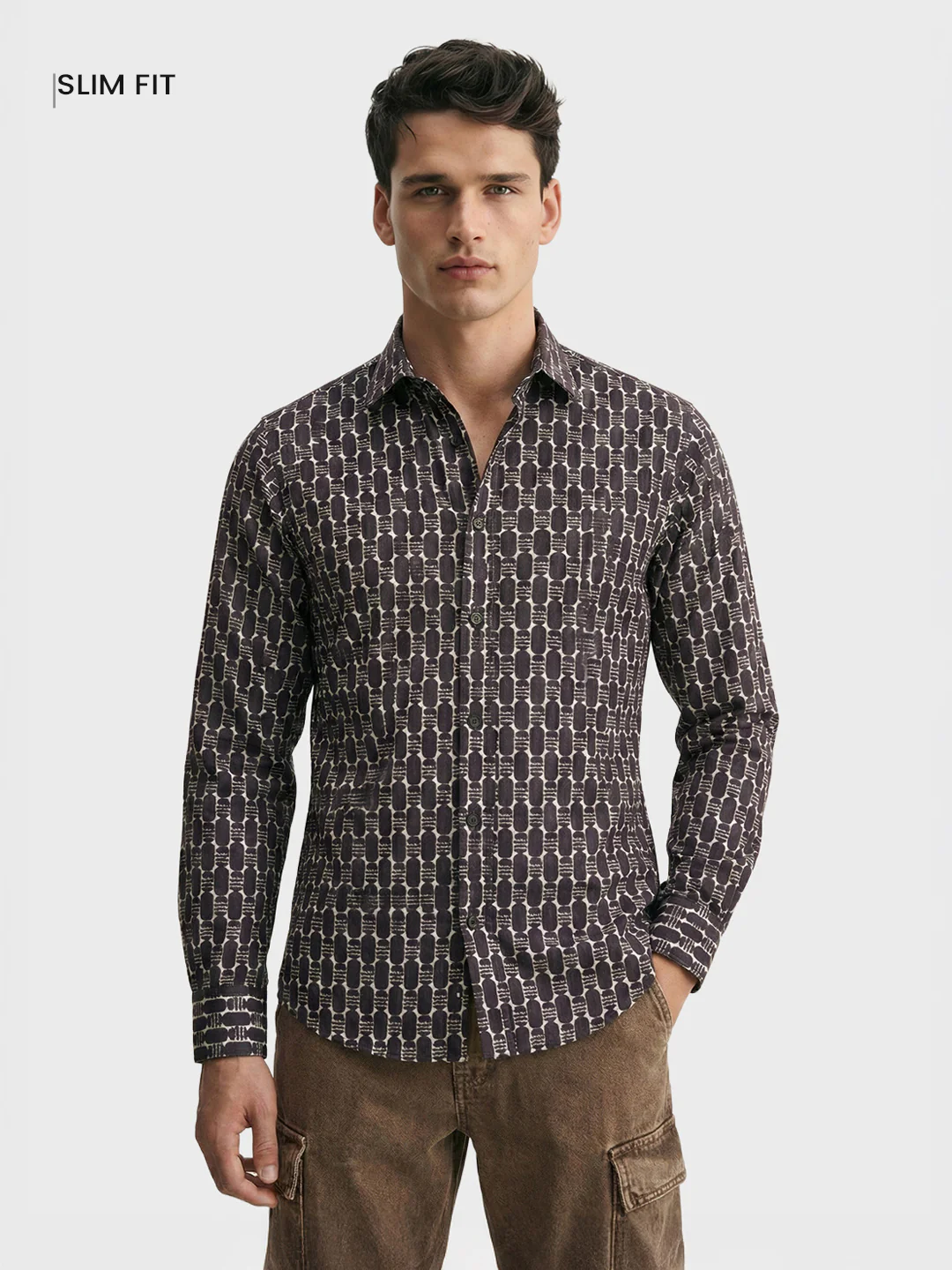 Men's Brown Slim Fit Printed Party Wear Shirt - Image 2