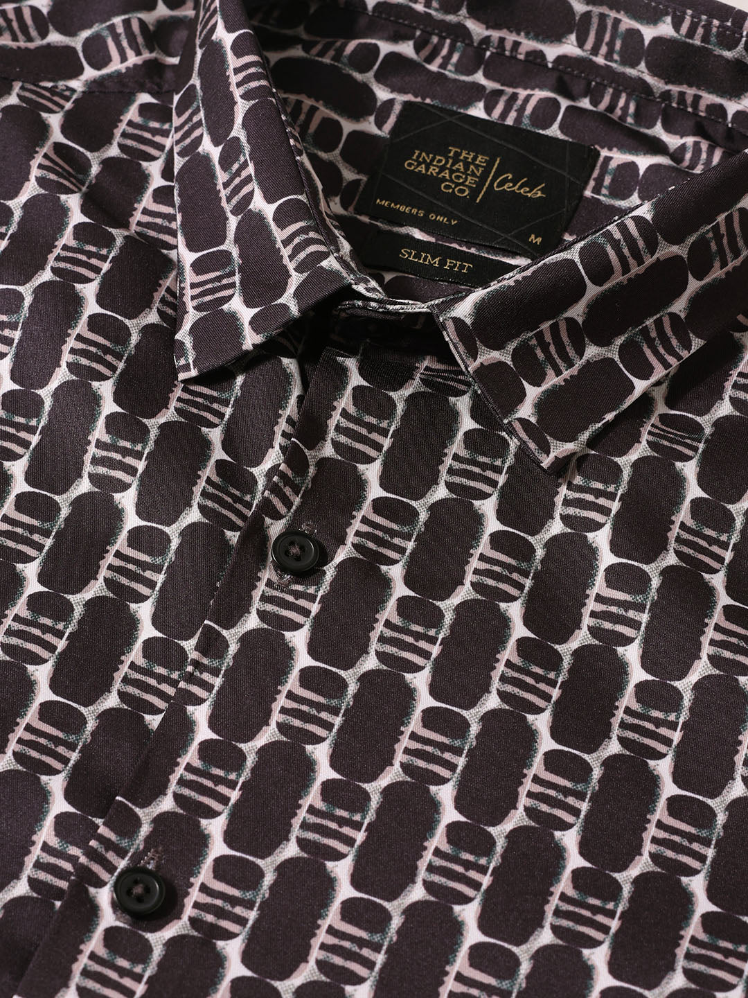 Men's Brown Slim Fit Printed Party Wear Shirt - Image 3