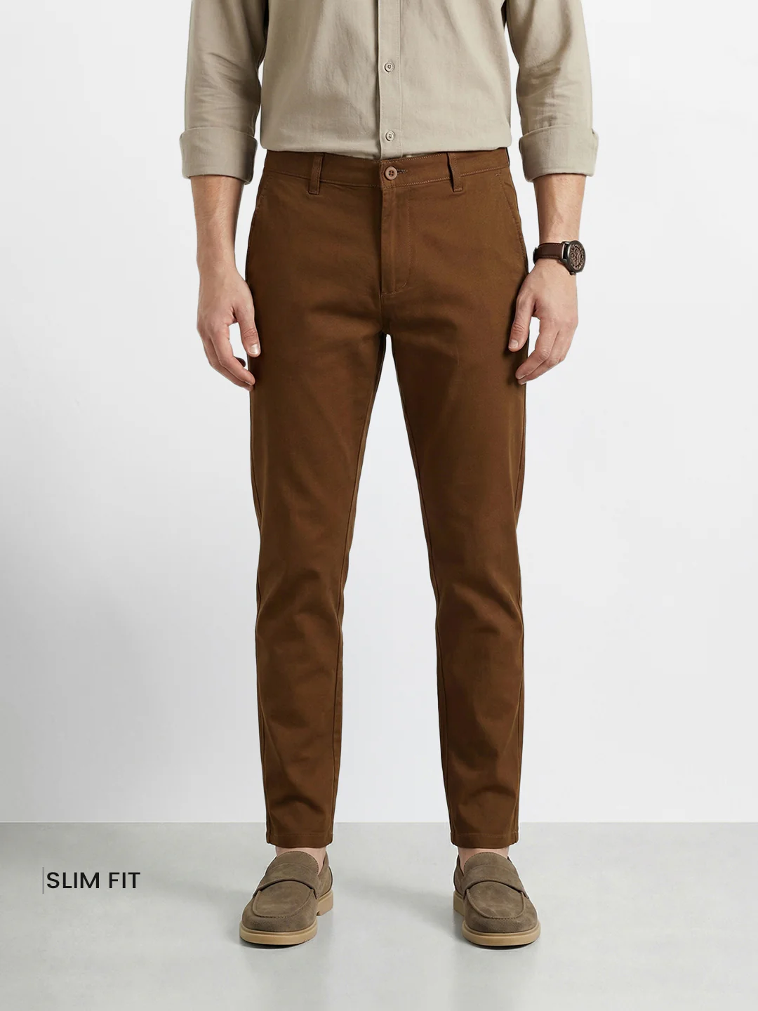 Men's Brown Slim Fit Solid Casual Chinos - Image 2