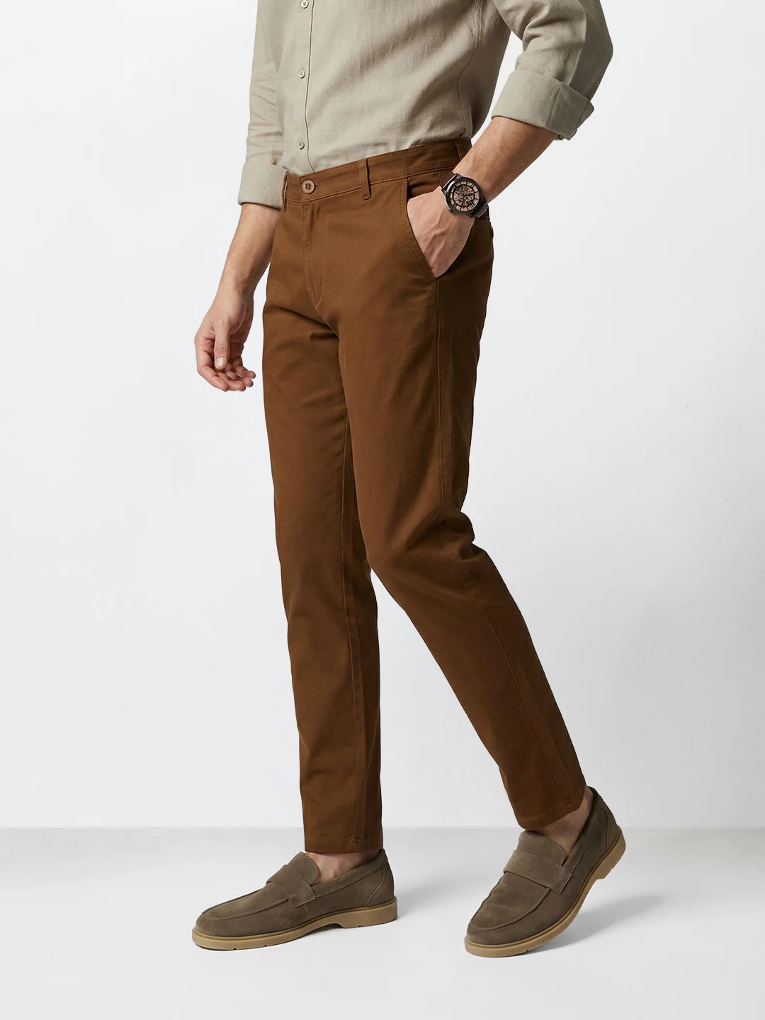 Men's Brown Slim Fit Solid Casual Chinos - Image 3
