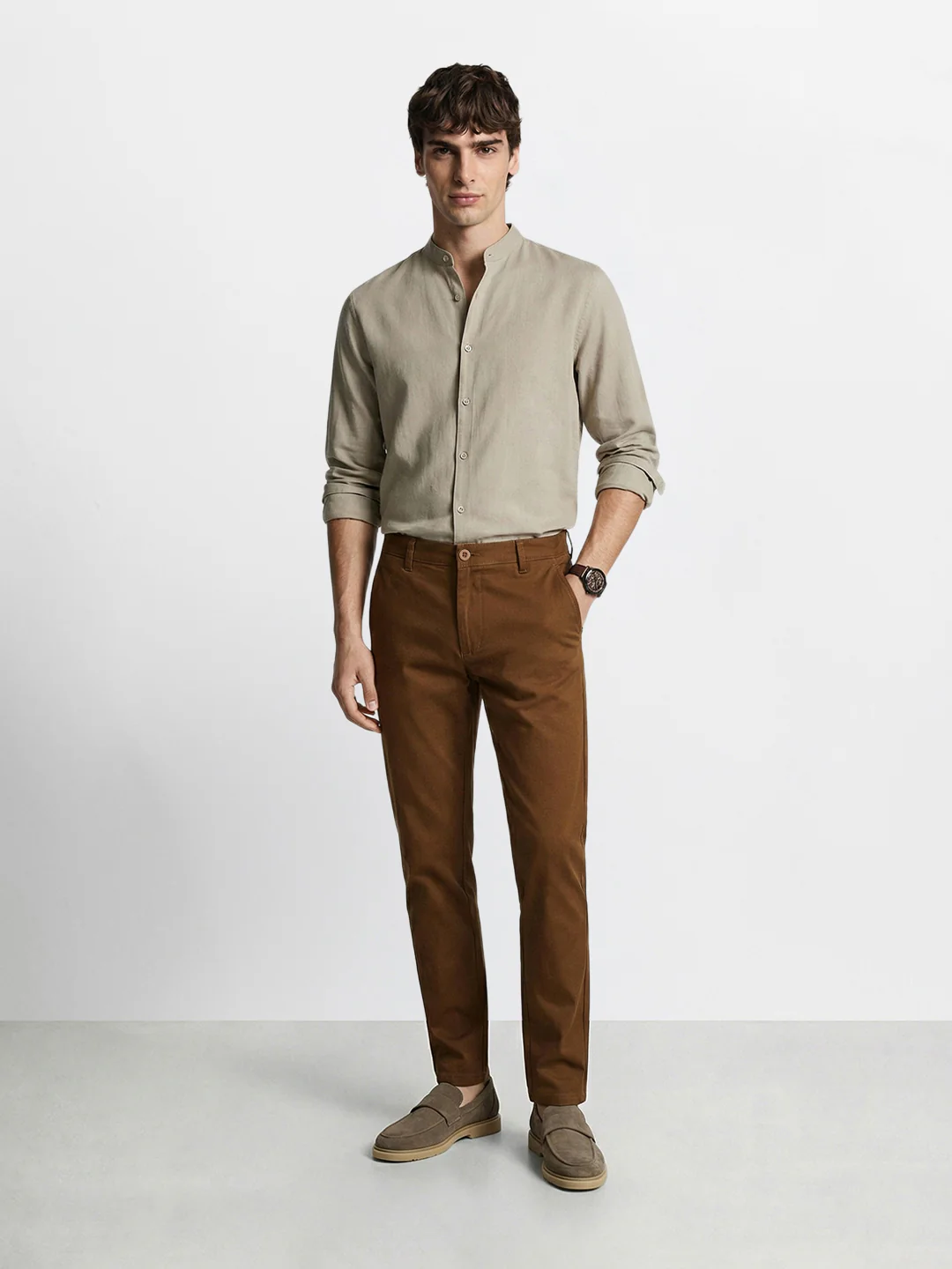 Men's Brown Slim Fit Solid Casual Chinos - Image 5