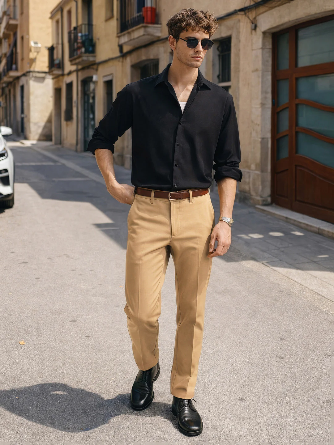 Men's Brown Slim Fit Solid Formal Chinos - Image 3