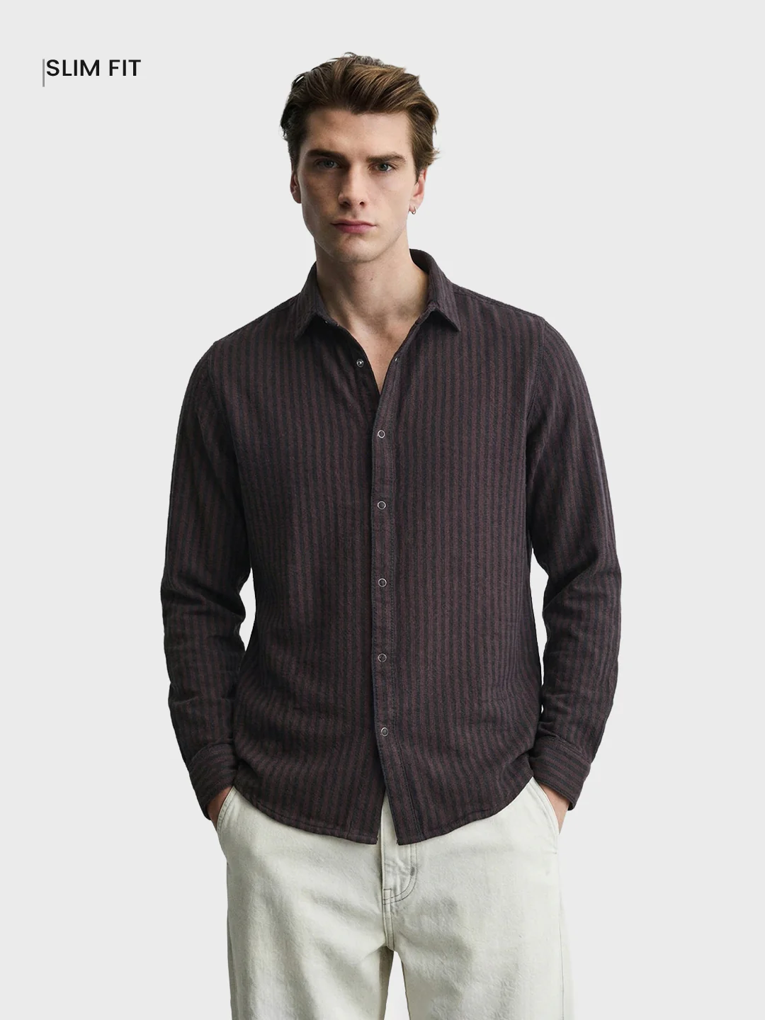 Men's Brown Slim Fit Striped Casual Shirt - Image 2