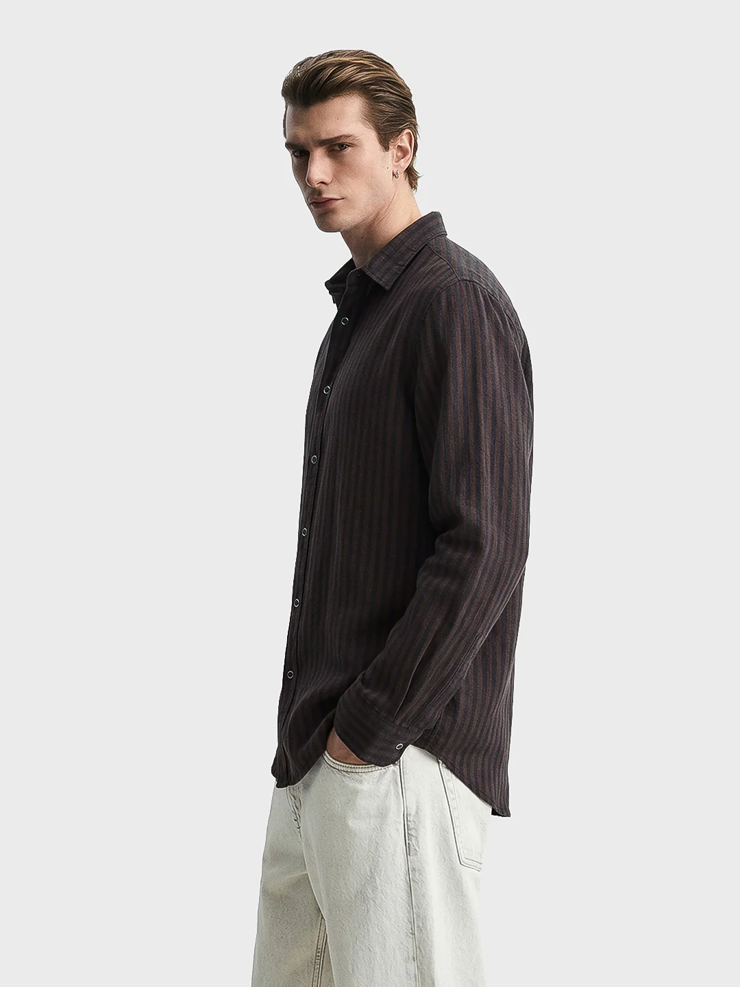 Men's Brown Slim Fit Striped Casual Shirt - Image 4