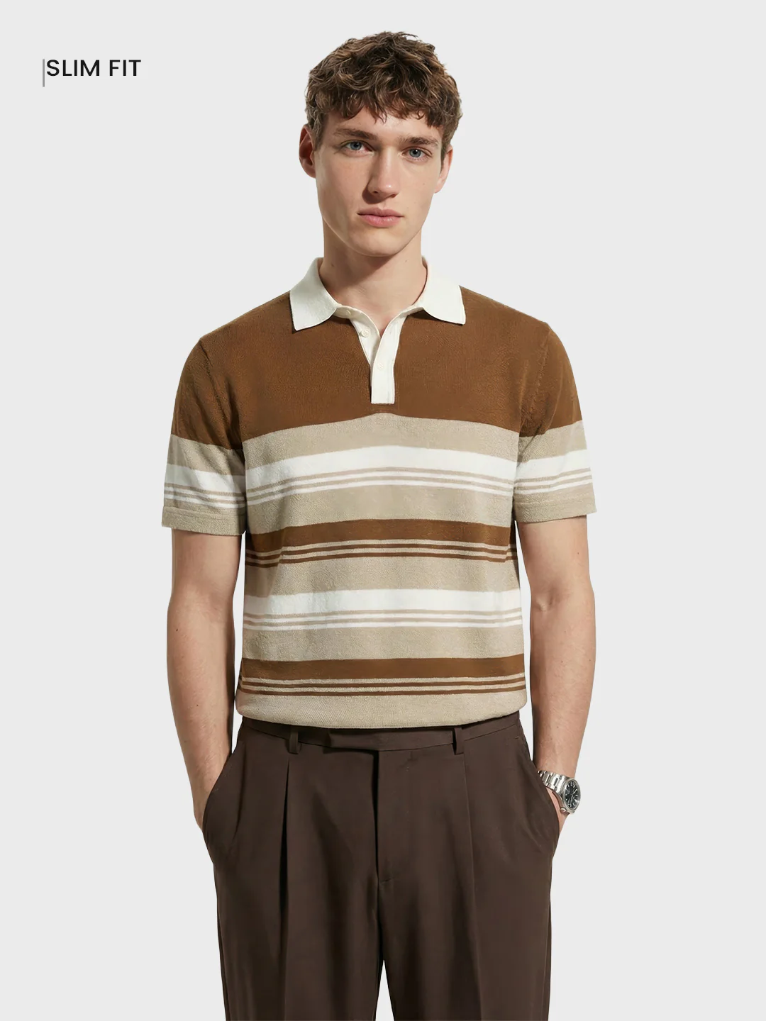 Men's Brown Slim Fit Striped Flat Knit T-Shirt - Image 2