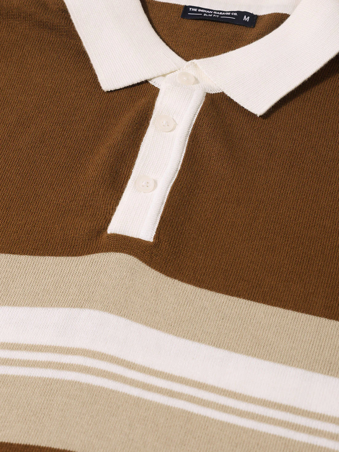 Men's Brown Slim Fit Striped Flat Knit T-Shirt - Image 3