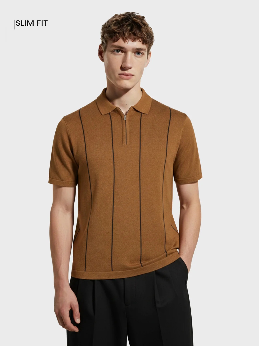 Men's Brown Slim Fit Striped Flat Knit T-Shirt - Image 2