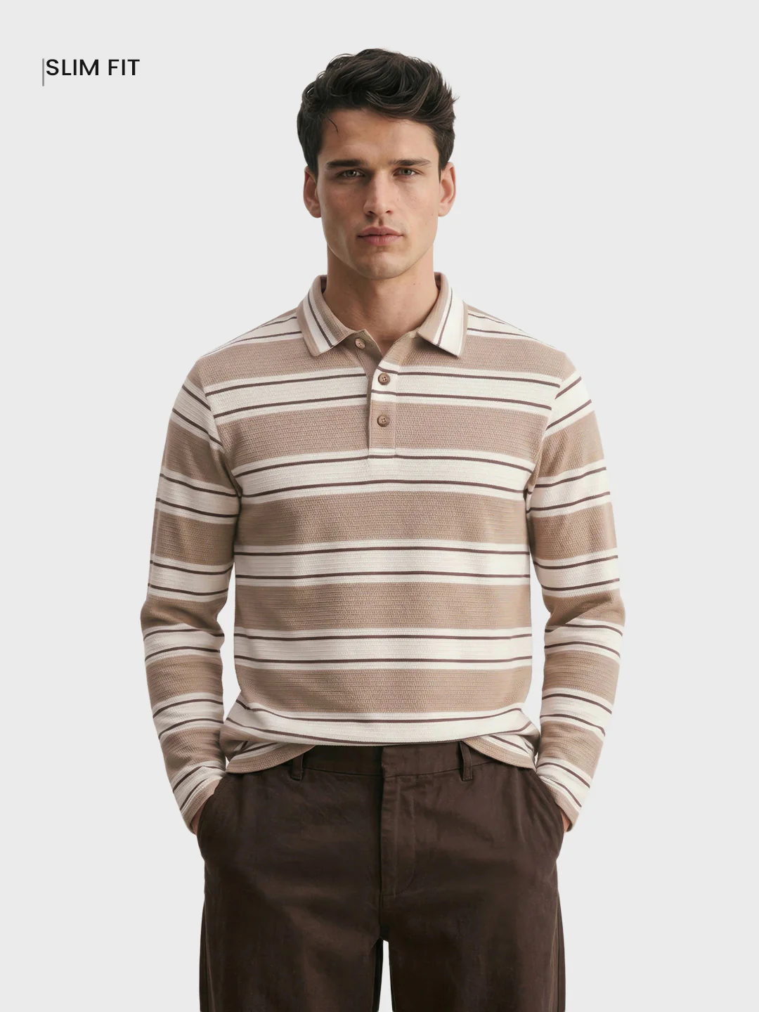 Men's Brown Slim Fit Striped Casual T-Shirt - Image 2