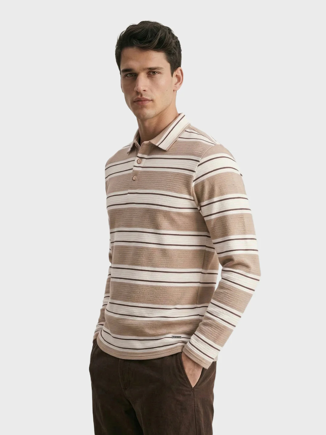 Men's Brown Slim Fit Striped Casual T-Shirt - Image 4
