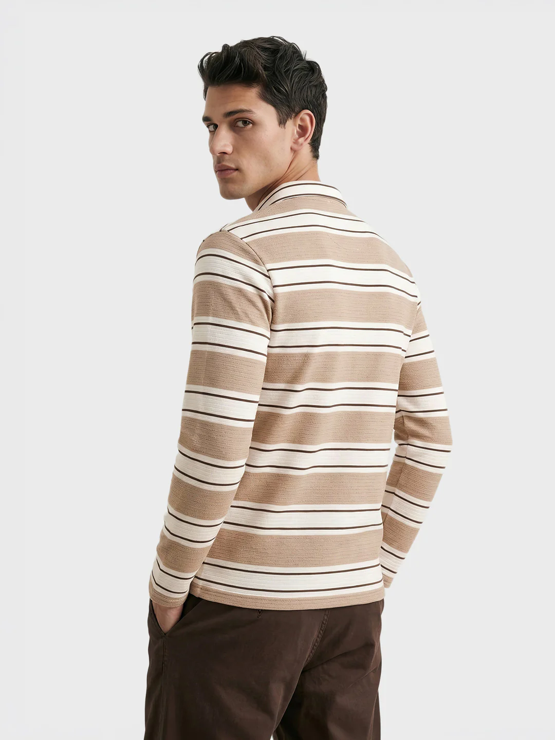 Men's Brown Slim Fit Striped Casual T-Shirt - Image 5
