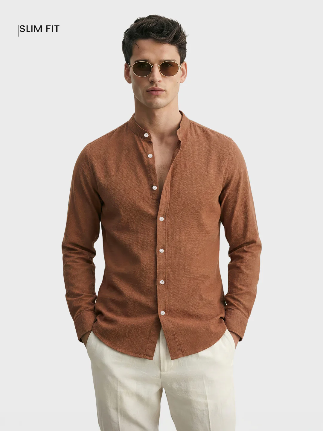Men's Brown Slim Fit Textured Casual Shirt - Image 2