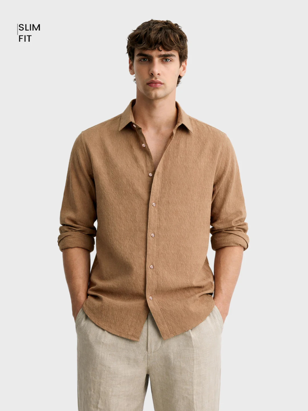 Men's Brown Slim Fit Textured Casual Shirt - Image 2