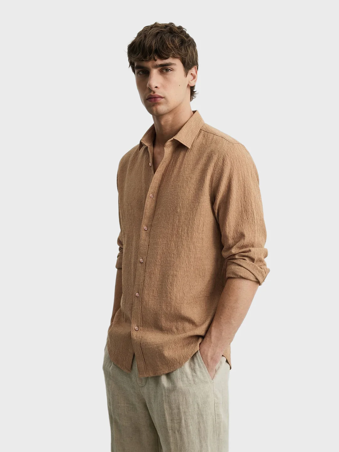 Men's Brown Slim Fit Textured Casual Shirt - Image 4