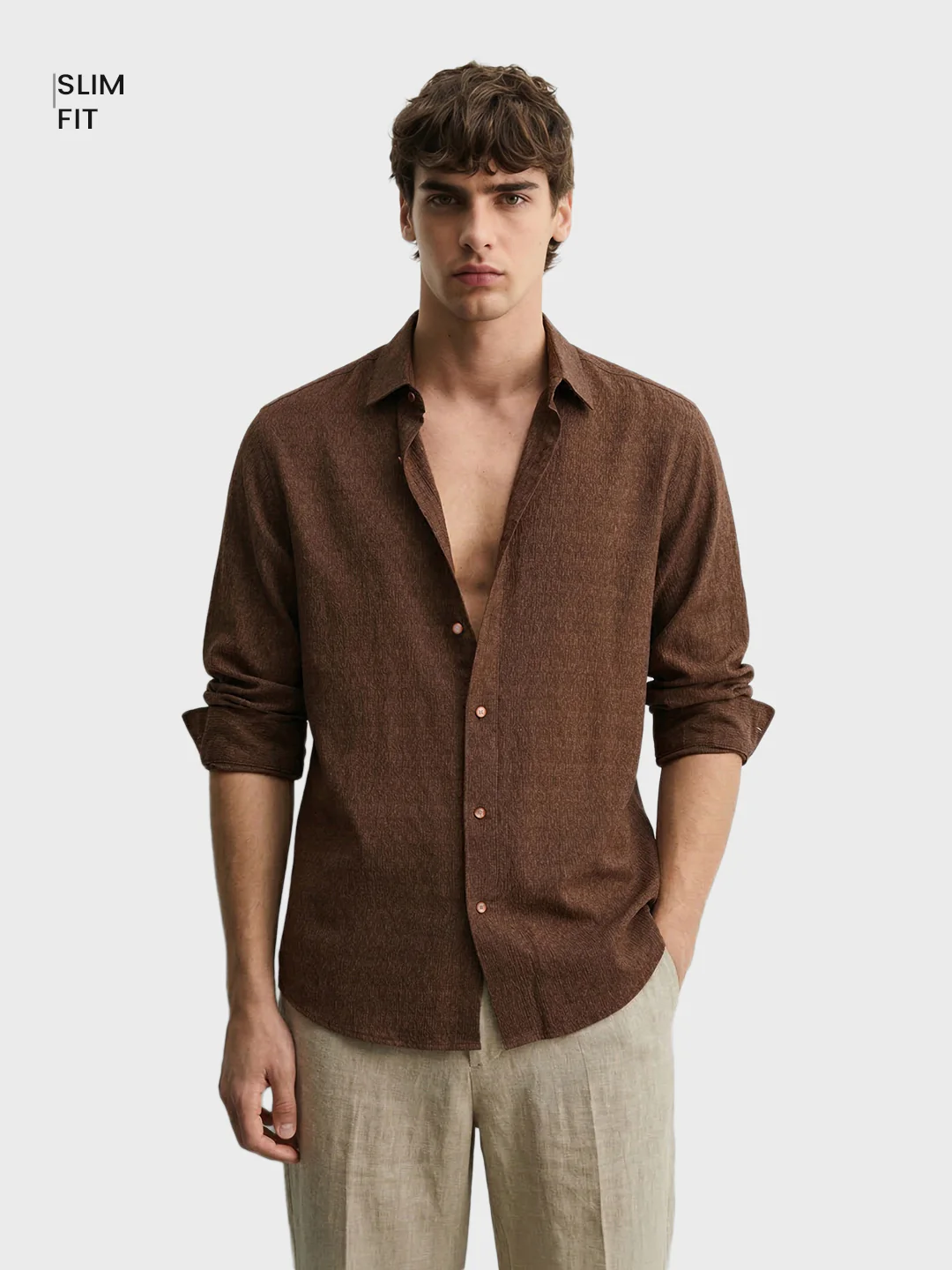 Men's Brown Slim Fit Textured Casual Shirt - Image 2