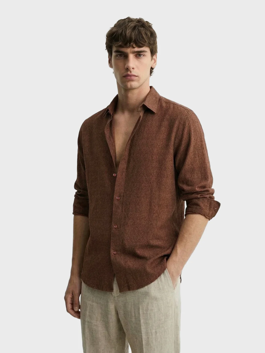 Men's Brown Slim Fit Textured Casual Shirt - Image 4