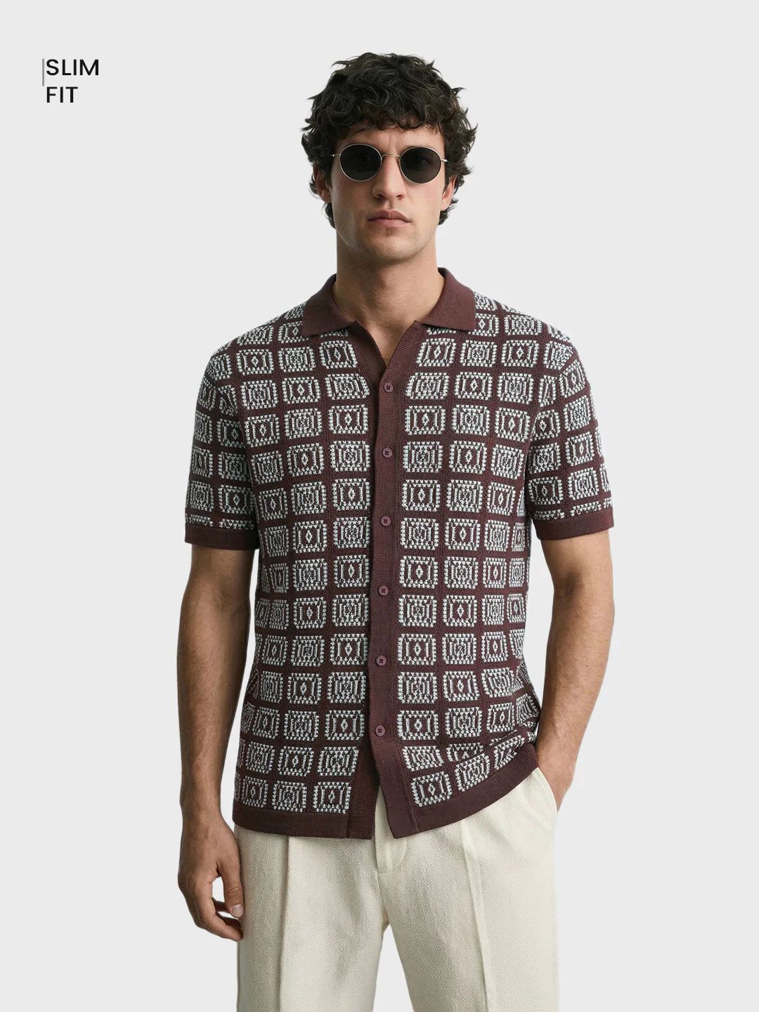 Men's Brown Slim Fit Textured Casual Shirt - Image 2