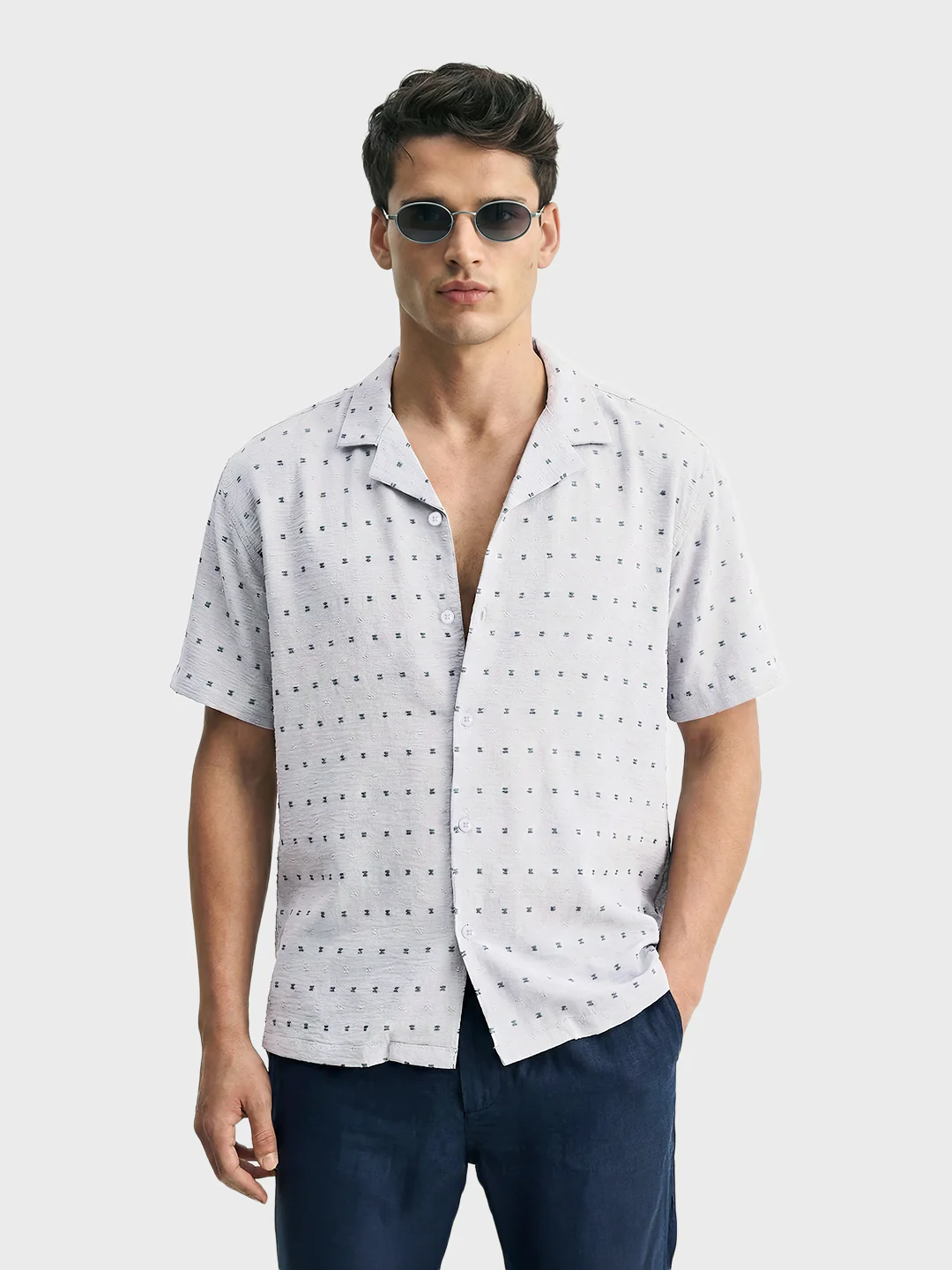 Men's Grey Relaxed Fit Resort Wear Textured Shirt - Image 2
