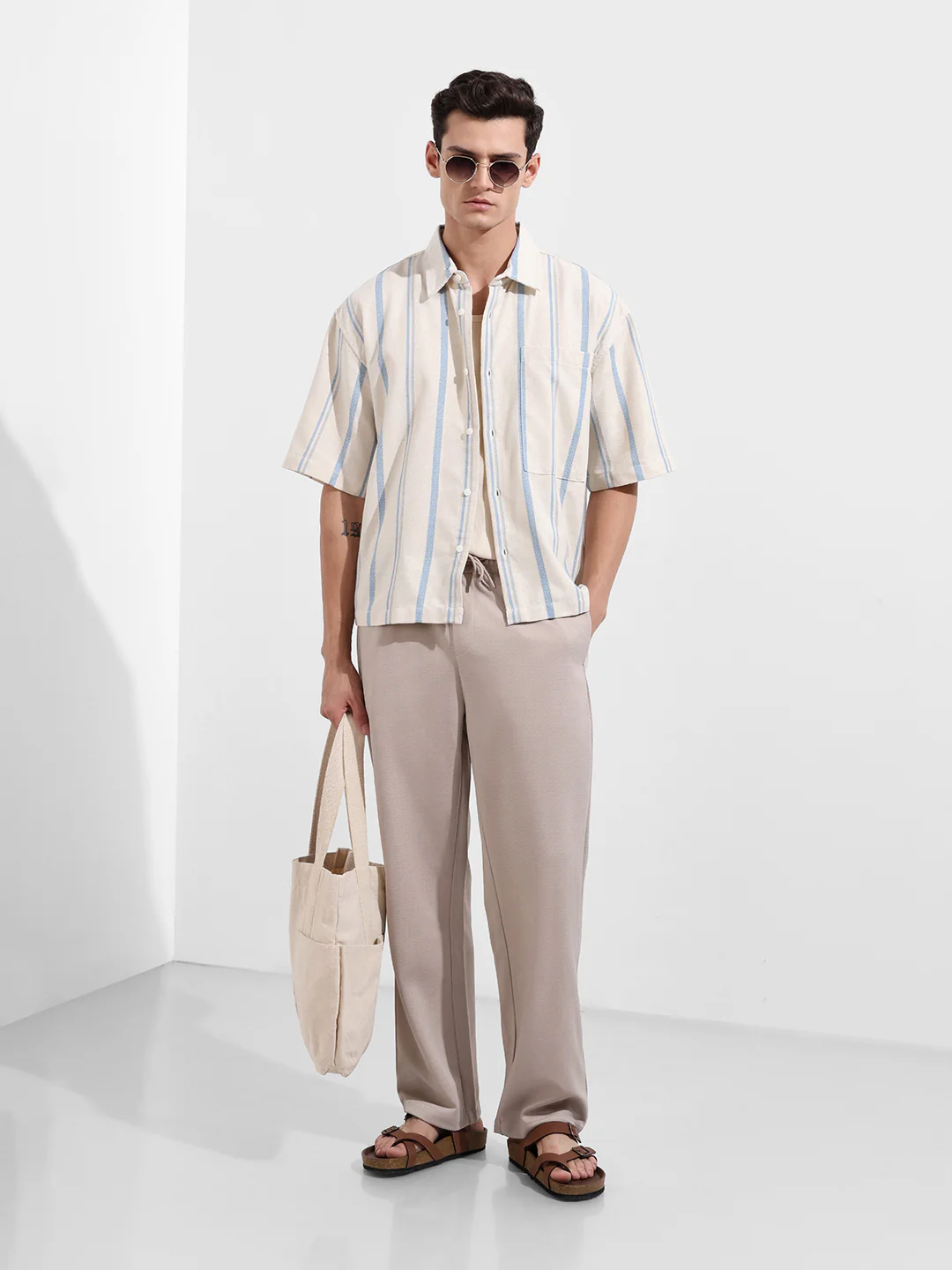 Men's Cream Boxy Fit Resort Wear Textured Shirt - Image 2