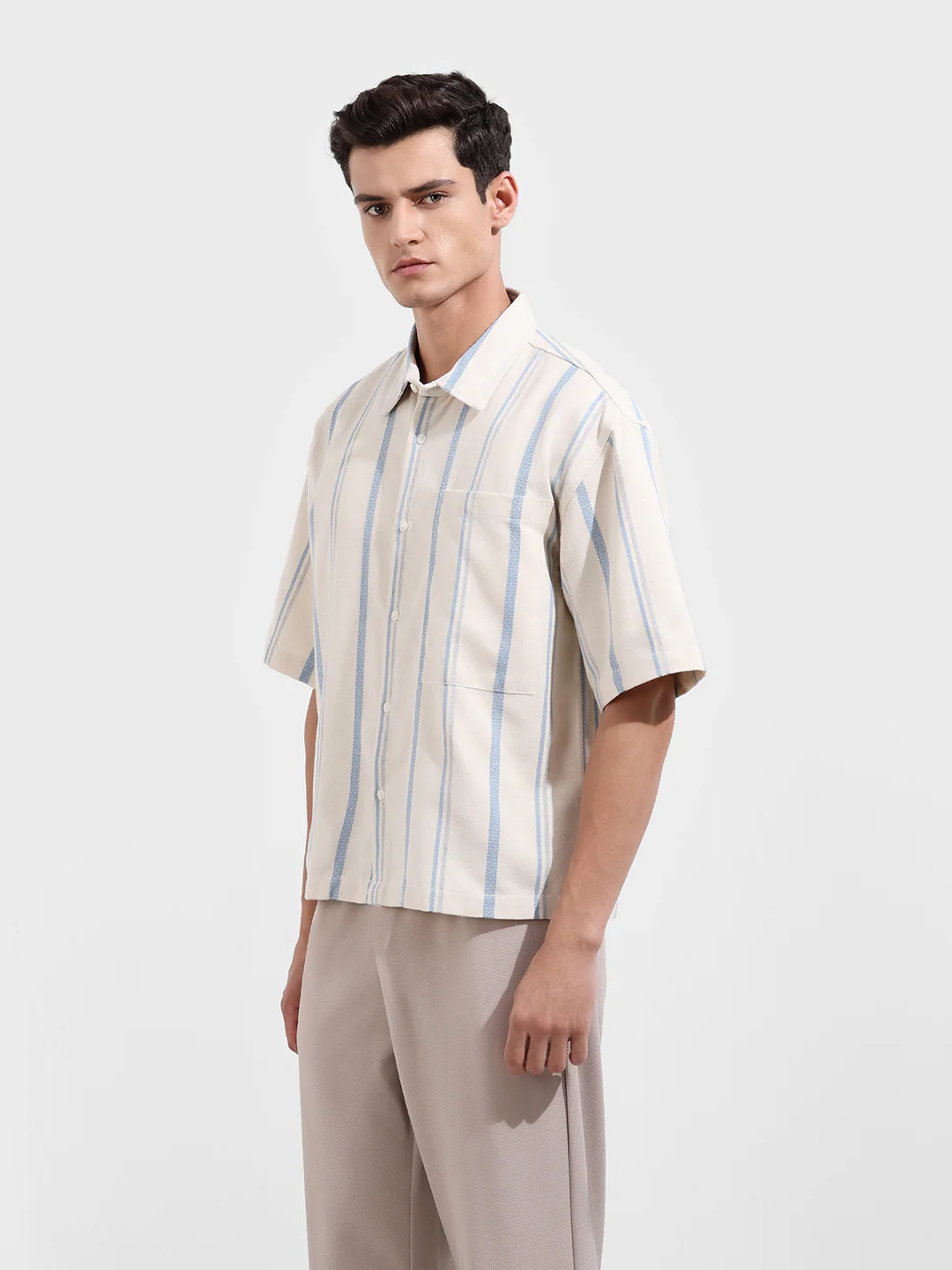 Men's Cream Boxy Fit Resort Wear Textured Shirt - Image 3