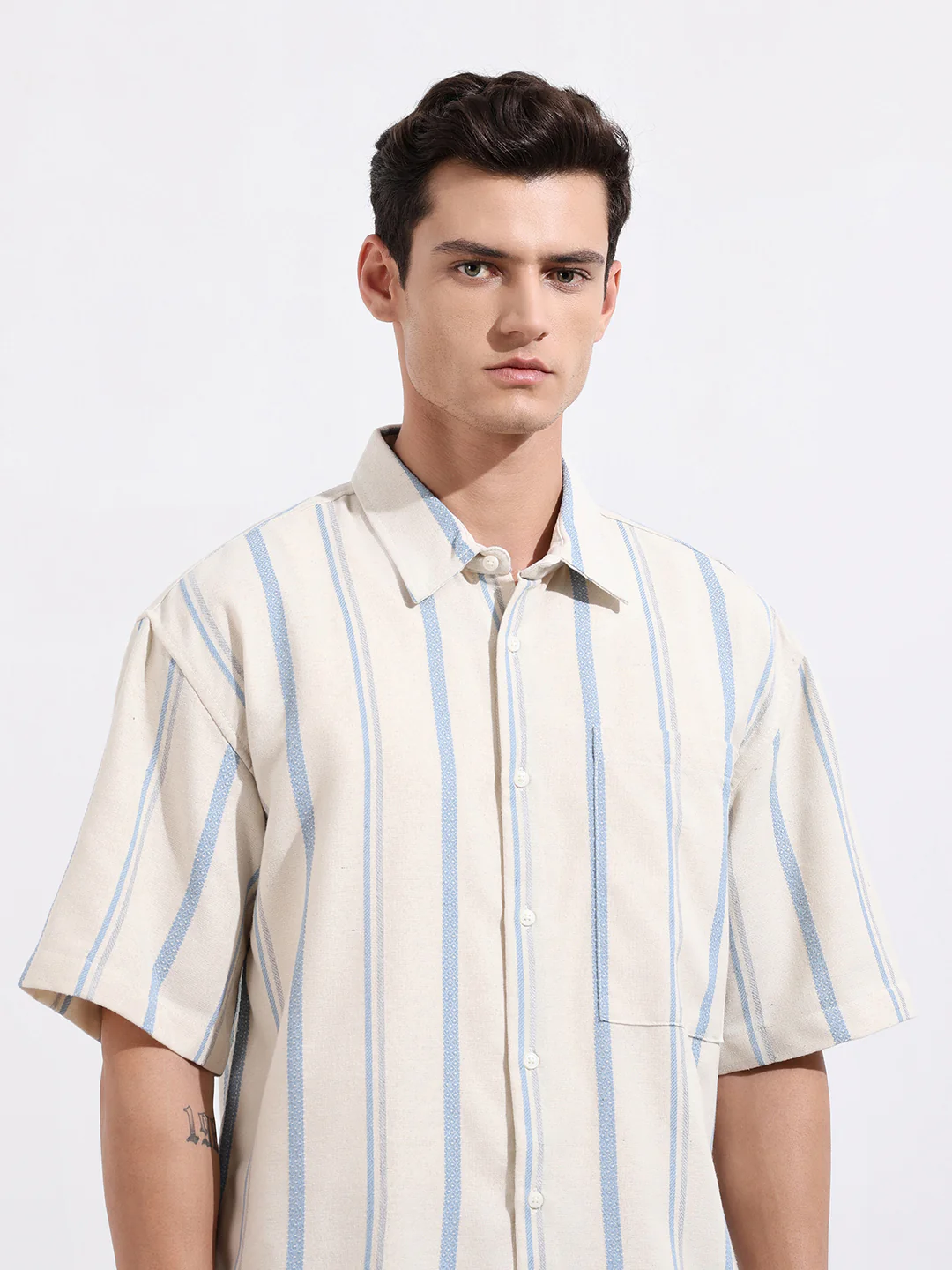 Men's Cream Boxy Fit Resort Wear Textured Shirt - Image 4