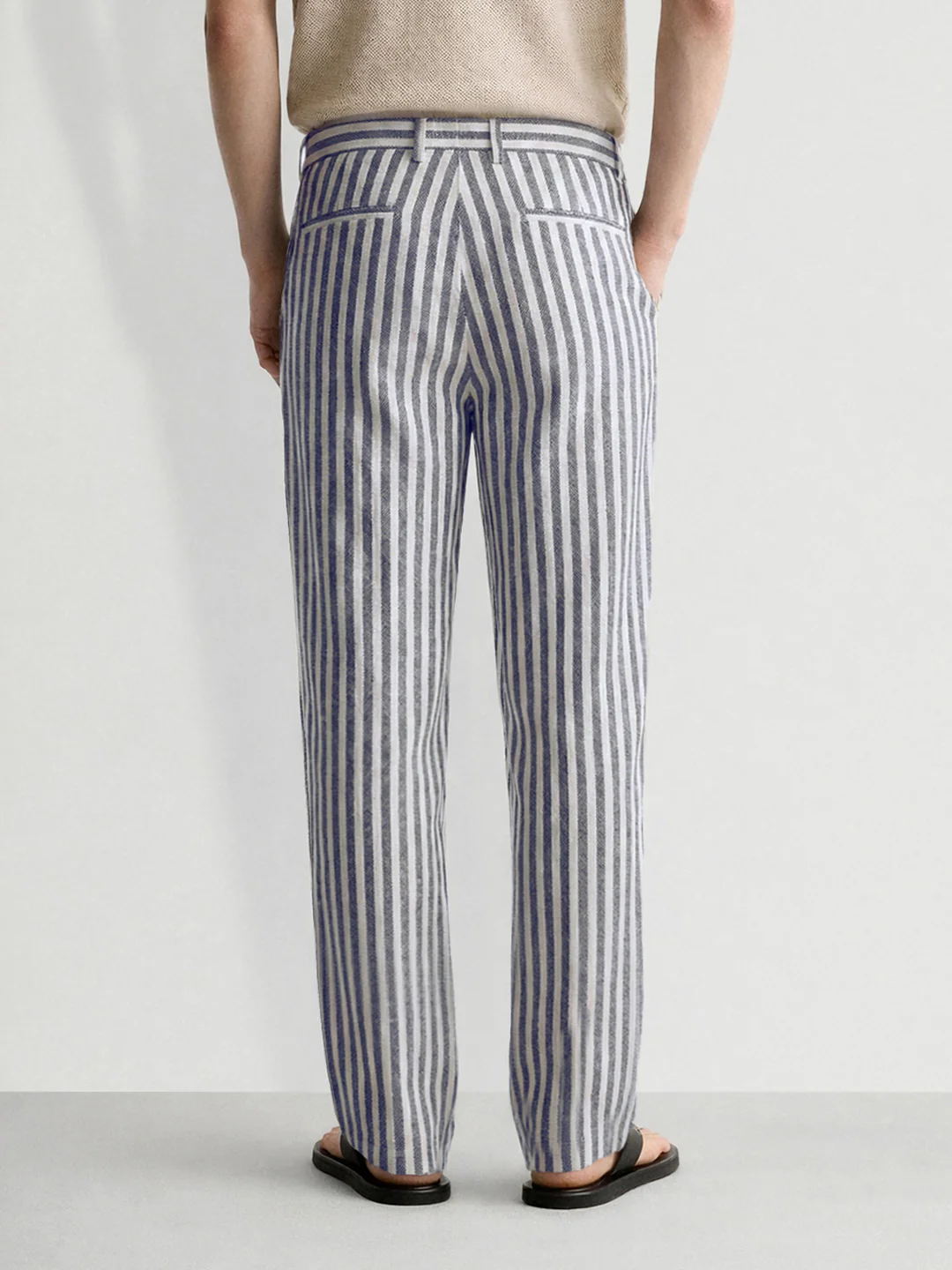 Men's Cream Loose Fit Vertical Stripes Casual Trousers - Image 2