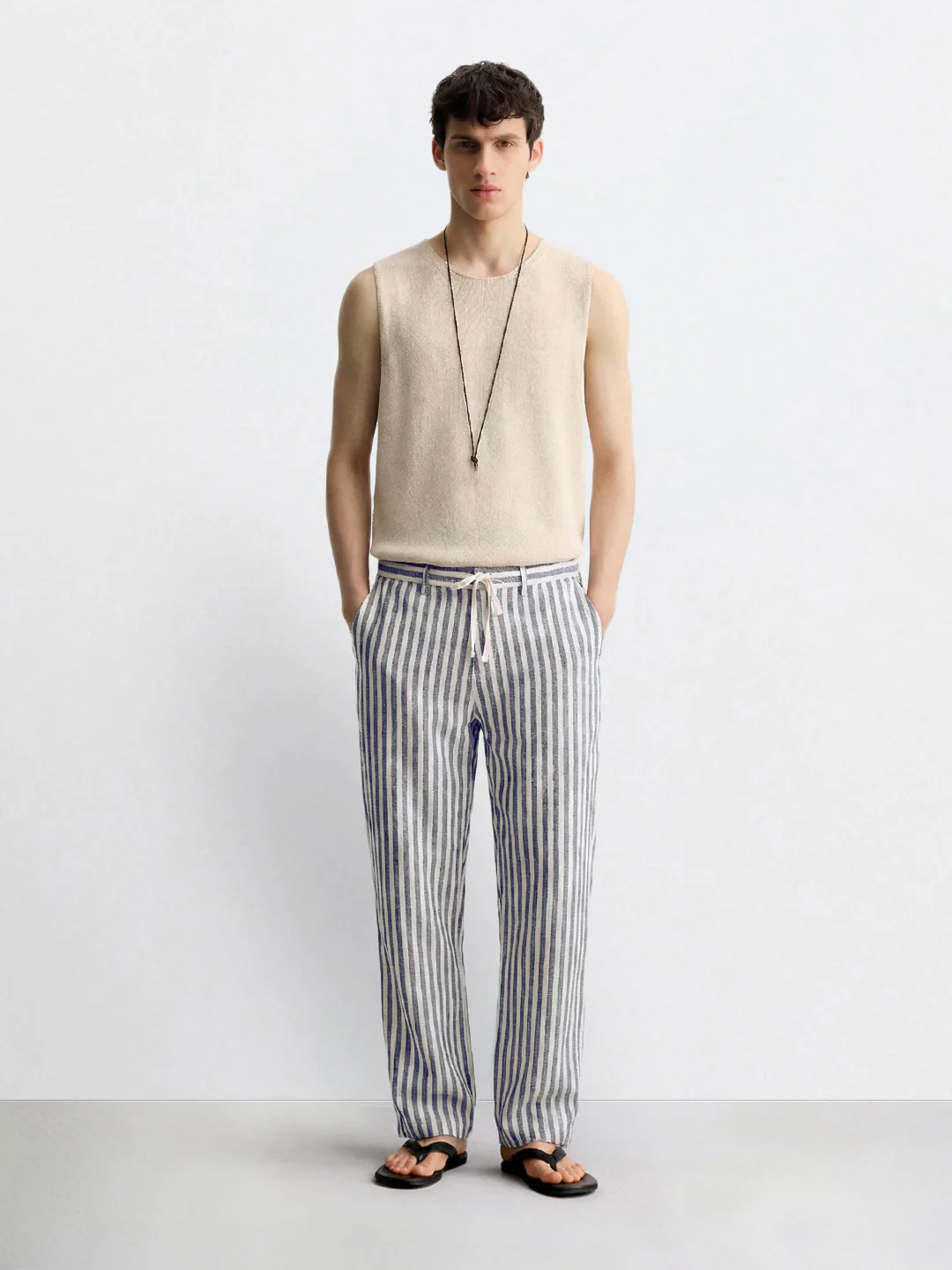 Men's Cream Loose Fit Vertical Stripes Casual Trousers - Image 3