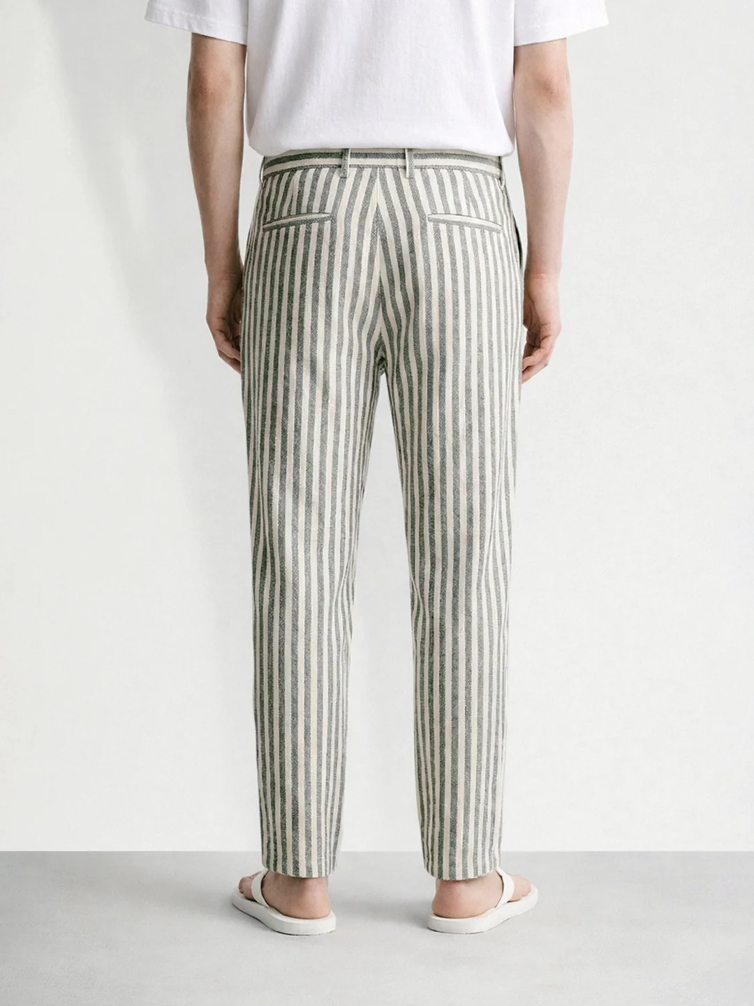 Men's Cream Loose Fit Vertical Stripes Casual Trousers - Image 2