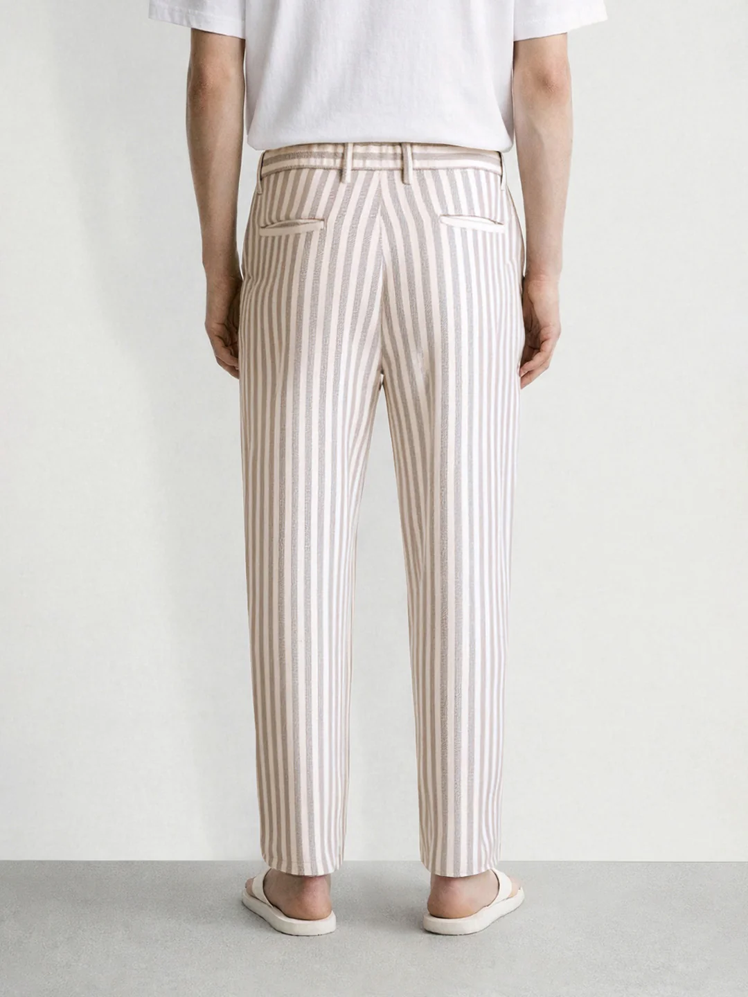 Men's Cream Loose Fit Vertical Stripes Casual Trousers - Image 2