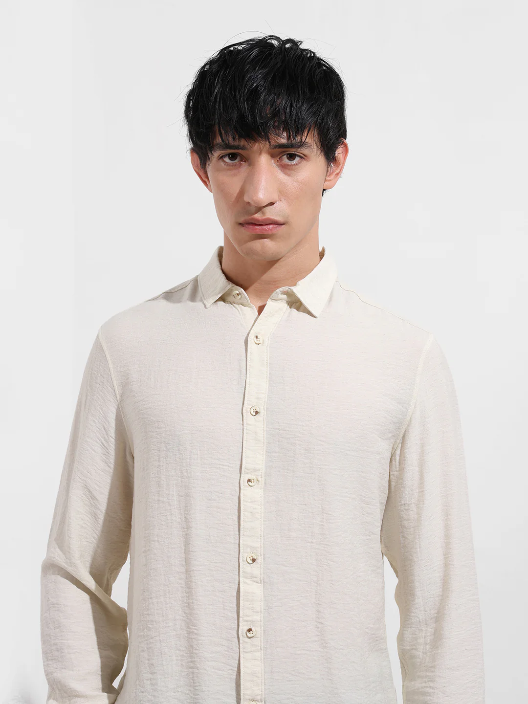 Men's Cream Regular Fit Casual Solid Shirt - Image 6