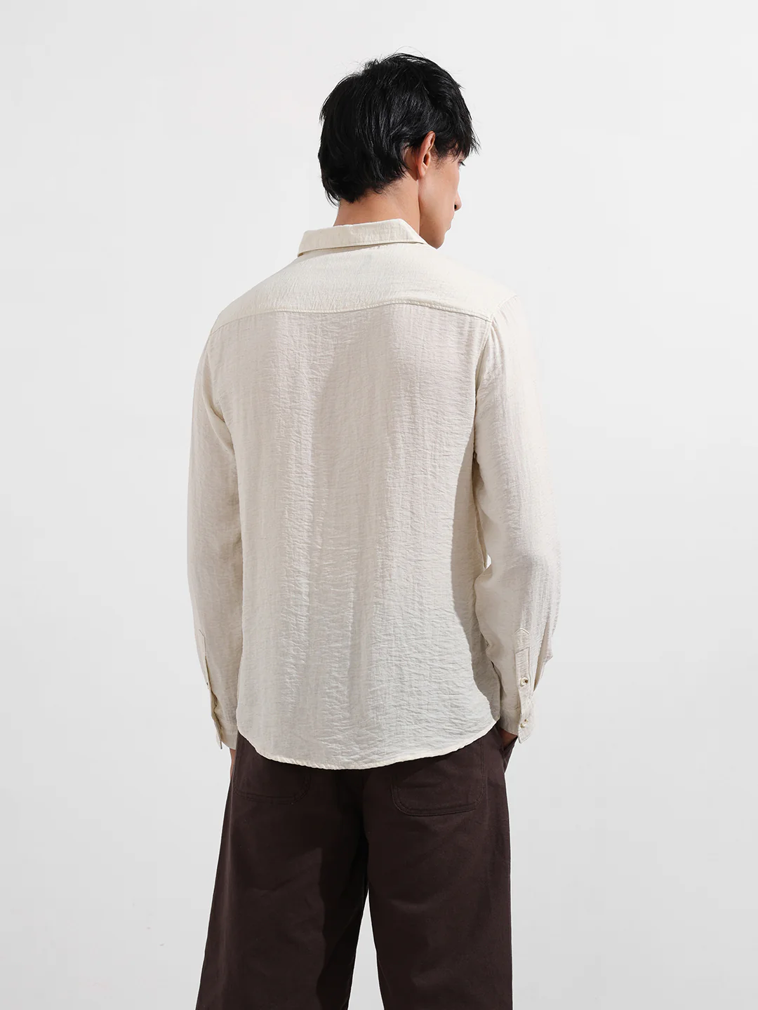 Men's Cream Regular Fit Casual Solid Shirt - Image 7