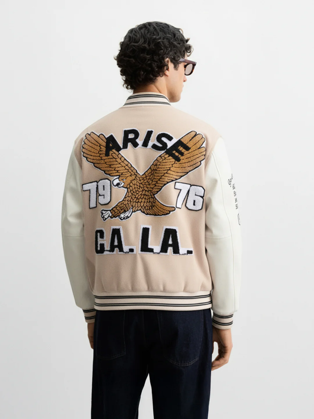 Men's Cream Regular Fit Embroided Casual Bomber Jacket - Image 2