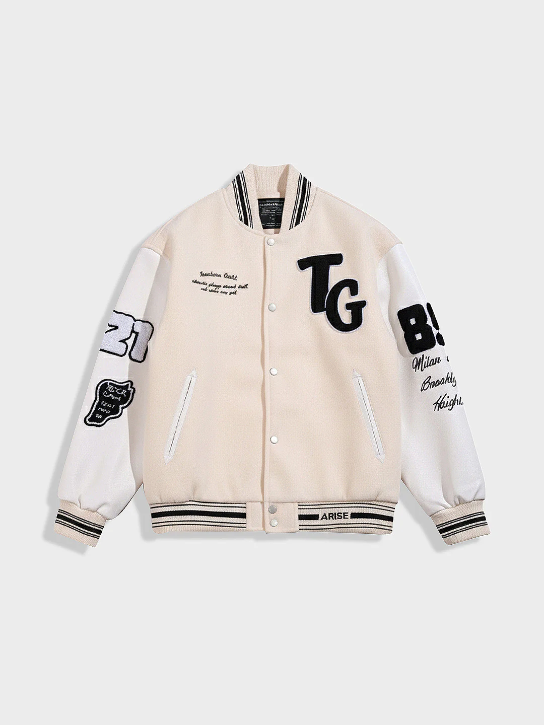 Men's Cream Regular Fit Embroided Casual Bomber Jacket - Image 3