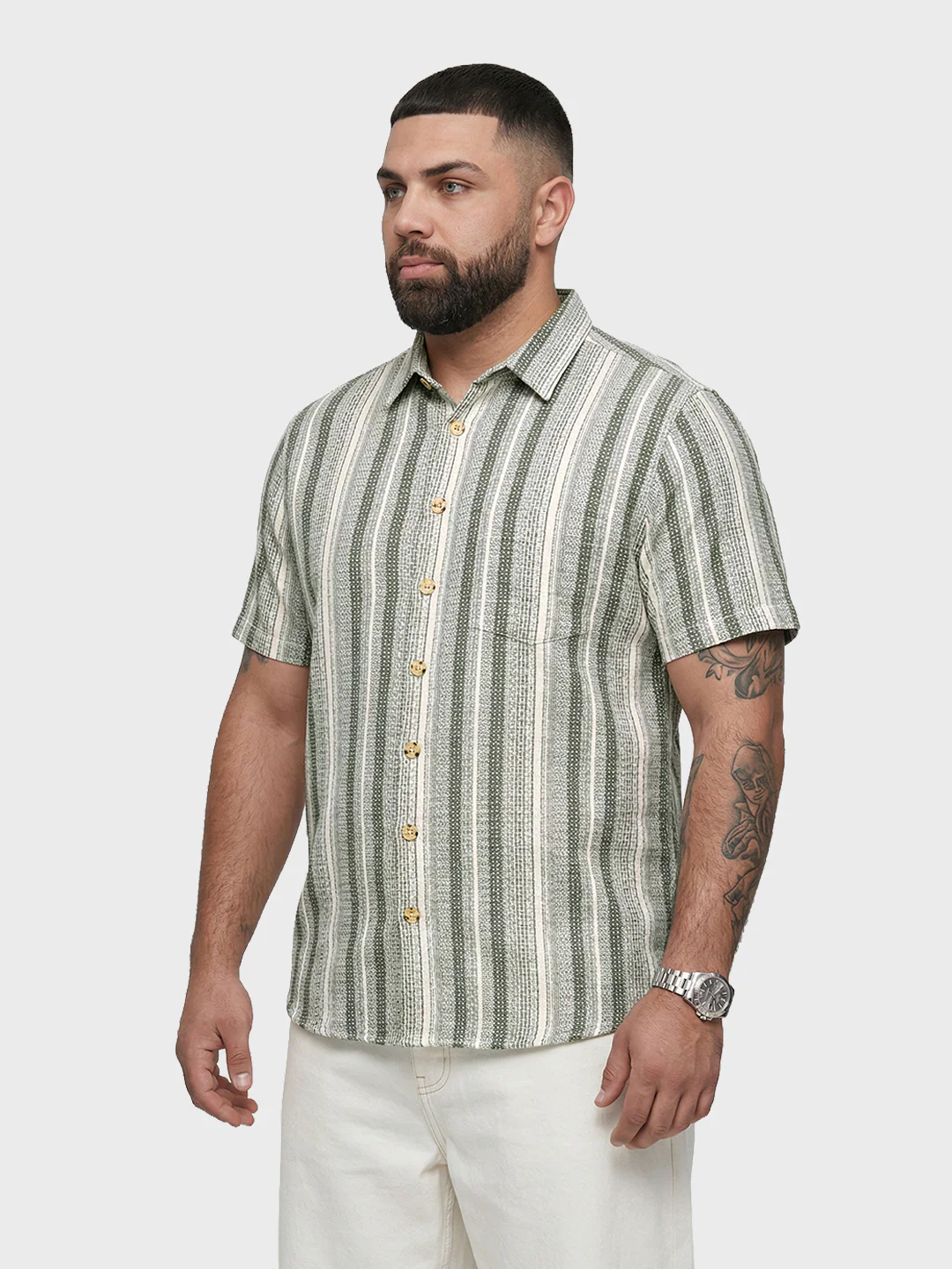 Men's Cream Regular Fit Striped Casual Shirt - Image 2