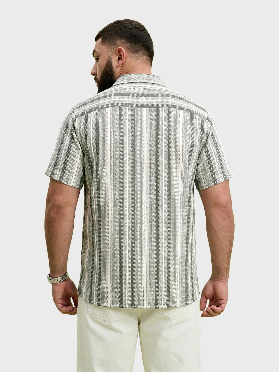 Men's Cream Regular Fit Striped Casual Shirt - Image 3