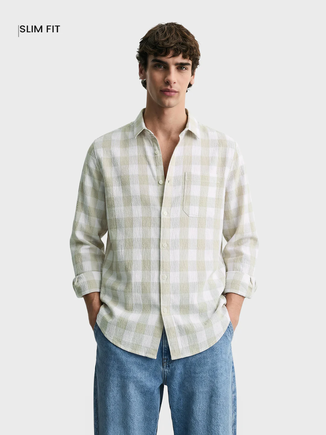 Men's Cream Relaxed Fit Checkered Oddinary Shirt - Image 2